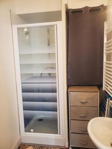 a bathroom with a glass shower door next to a sink at Idéal pied à terre pour visite des châteaux et cnpe in Bourgueil