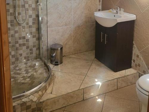 Un baño con lavabo, ducha e inodoro. en Villa Hadassa and Spa, en Burgersfort