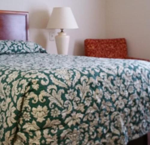 a bedroom with a bed with a green and white blanket at Stay Lodge of Thomasville in Thomasville