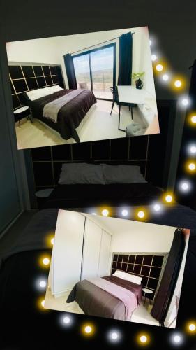 two pictures of a bedroom with two beds at Suíte com Charme, Conforto e Vista das Montanhas in Jaguariúna