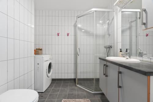 une salle de bains avec lave-linge et lavabo dans l'établissement Costal Penthouse by Paramount, à Tromsø