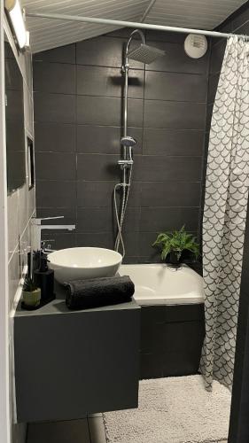 a bathroom with a sink and a shower and a tub at Cozy apartment T1 in Bobigny
