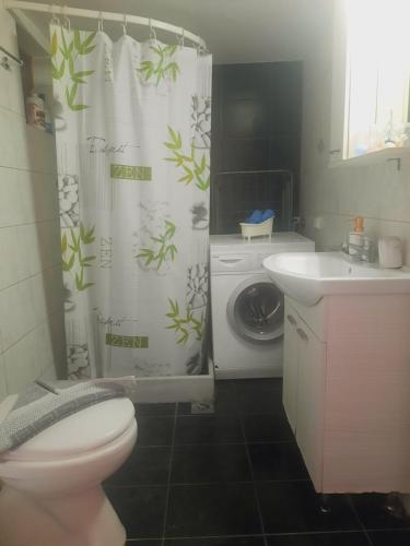 a bathroom with a toilet and a sink and a shower curtain at Faros studios Kalymnos Lighthouse in Kalymnos