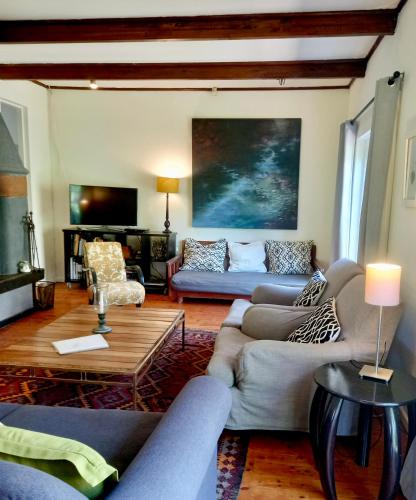 a living room with couches and a table at Porcupine Hills Olive and Guest Farm in Botrivier