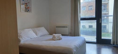 - un ours en peluche assis sur un lit dans une pièce dans l'établissement Spacious 2BR Apartment Only 15 Minutes to City, à Dublin