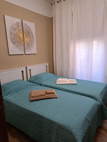 two beds in a bedroom with two towels on them at Appartamento MonteNero in Novara