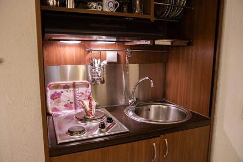 a kitchen counter with a sink and a sink at Studios Nopi-Zoi in Skiathos Town