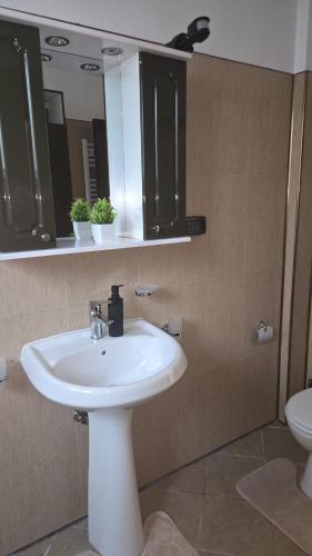 a bathroom with a sink and a mirror and a toilet at Terrace & Comfort Residence- SELF CHECK-IN in Bucharest