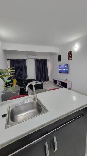 a kitchen with a sink in a room at Seven kings apartment Lekki in Araromi