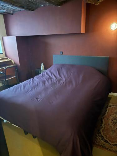 a bedroom with a bed with a purple bedspread at Le Souterrain in Antwerp