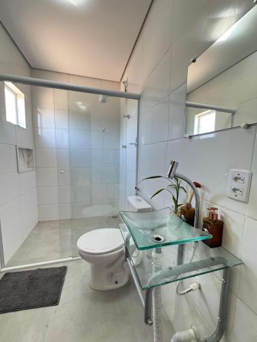 a bathroom with a toilet and a glass sink at Chácara Reserva do Cerrado in Cavalcante
