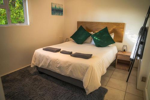 een slaapkamer met een groot bed met 2 groene kussens bij Mountain Vineyard Cottage in Kaapstad