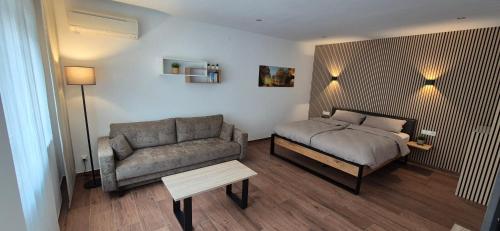 a bedroom with a bed and a couch and a chair at Bicycle Lodge in Rehlingen-Siersburg