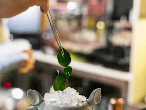 a person holding a spoon with a green plant on it at Ibis Styles Madrid City Las Ventas in Madrid