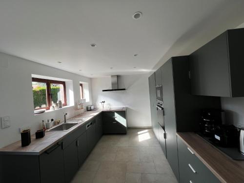 una cocina con armarios en blanco y negro y fregadero en La Buissonnière, en Erckartswiller