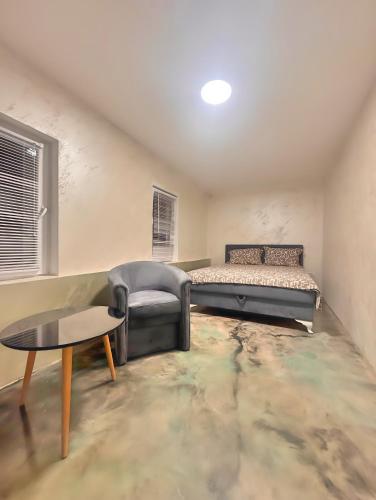 a bedroom with a bed and a chair and a table at Avala Villa With Indoor Pool & Spa in Vrčin
