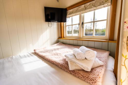 a room with towels on a bed with a window at Cherry Blossom Hut in Bristol