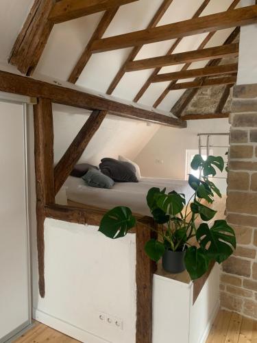 a room with a bed in a loft with a plant at Auszeit Deluxe in Kirchheim unter Teck