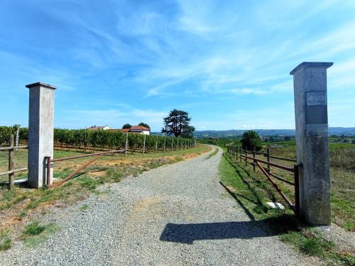 a dirt road with a fence next to a vineyard at Cascina La Serra in Vaglio Serra
