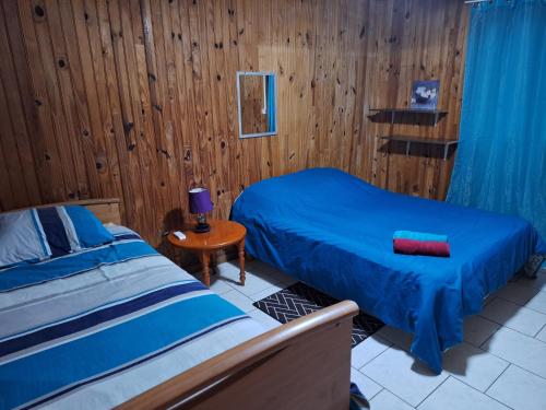 ein Schlafzimmer mit einem Bett und einer Holzwand in der Unterkunft Au Coeur du Safran in Saint-Joseph