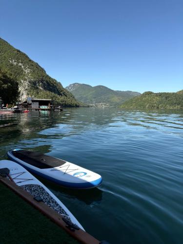a pair of kayaks are sitting on the water at Splav Galija in Bajina Bašta