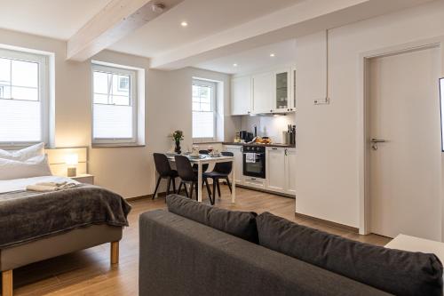a living room with a couch and a kitchen at Holiday & Stay, Blautopf Apartments in Blaubeuren