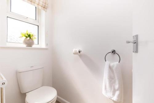 a white bathroom with a toilet and a window at Coastal Village Hideaway in Scalby