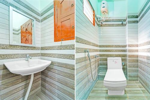 two pictures of a bathroom with a toilet and a sink at Hotel O M.S.MATHAN LODGE in Tirunelveli