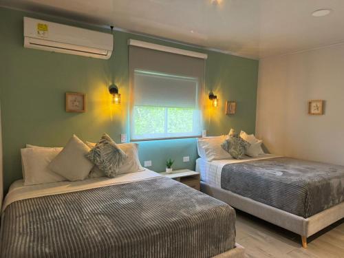a bedroom with two beds and a window at Colorful Garden House in Providencia