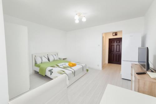 ブカレストにあるSouth Pearl Studioの白いベッドルーム(ベッド1台、薄型テレビ付)