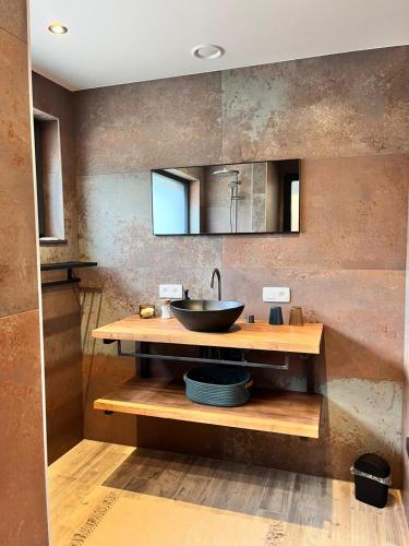 a bathroom with a counter with a sink and a mirror at Au pré de la fauchée in Bièvre