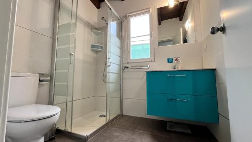 ein Badezimmer mit Toilette und Glasdusche in der Unterkunft Spacious Country House Near Fataga in Artedara