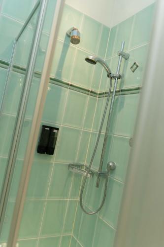 a bathroom with a shower with a glass wall at Ferienwohnung Meindl Basecamp in Bayerisch Gmain
