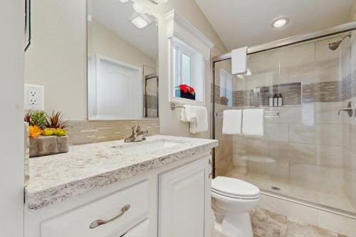une salle de bain avec un lavabo, des toilettes et une douche dans l'établissement Sierra Solace, à South Lake Tahoe