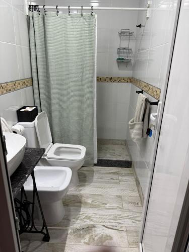 a bathroom with a toilet and a shower and a sink at Hotel de campo Haras Los Abuelos in Sierra de los Padres