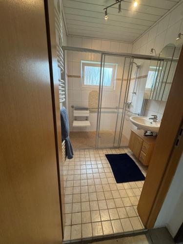a bathroom with a shower and a sink at Ferienhaus Wiegboldsbur in Südbrookmerland
