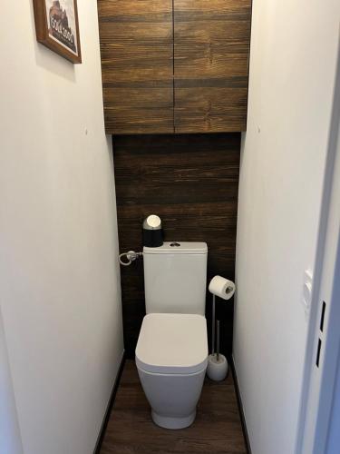 Baño pequeño con aseo en el pasillo en 2 Pièces d'exception au calme, neuf , 4 personnes, immense terrasse, vue époustouflante , Tout pédestre à 10m du funiculaire, baignoire balnéothérapie, en Isola
