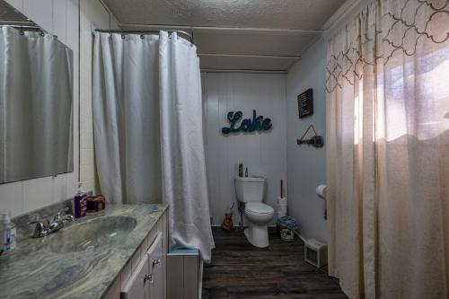 Un baño con inodoro, lavabo y ducha. en Lake Malone, en Lewisburg