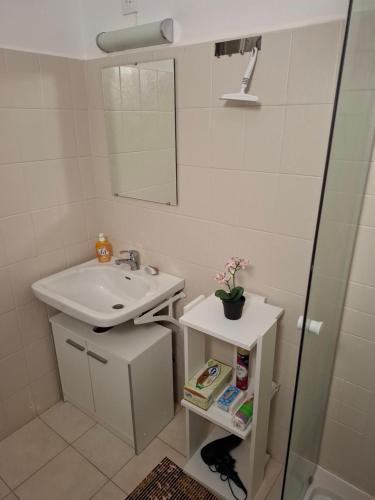a bathroom with a sink and a shower at Soproniutas EDINApartman in Sopron