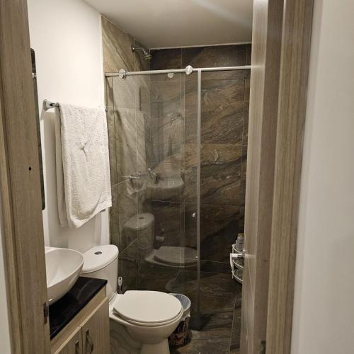 a bathroom with a shower and a toilet and a sink at Restrepo 201 in Bogotá