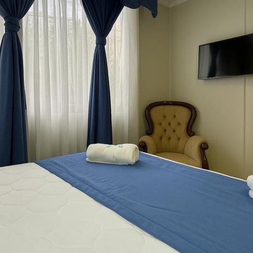 a bedroom with a bed with a pillow on it at Hotel Boutique Parque Brasil in Antofagasta