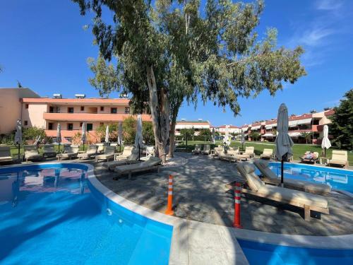 a swimming pool with chairs and a tree and a building at Stefania Sun Apartments in Skála Nikíta