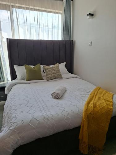 Un dormitorio con una cama grande con una ventana grande. en The Nook cozy stays, en Kiambu