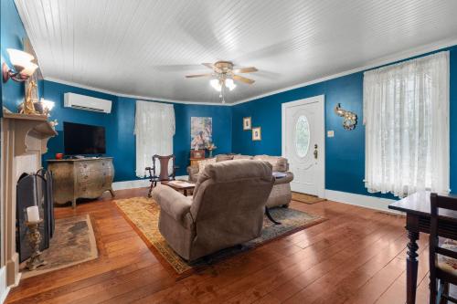 a living room with blue walls and a couch at McTernan Manor in Franklin