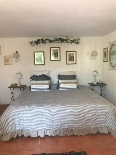 a bedroom with a large bed with two side tables at Le jardin secret de Laura in Lorgues