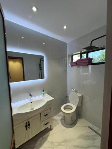 a bathroom with a sink and a toilet and a mirror at Vila Cano Boutique in Durrës