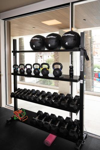 a shelf filled with dumbbells in front of a window at Hotel Relax Family & Spa in San Benedetto del Tronto