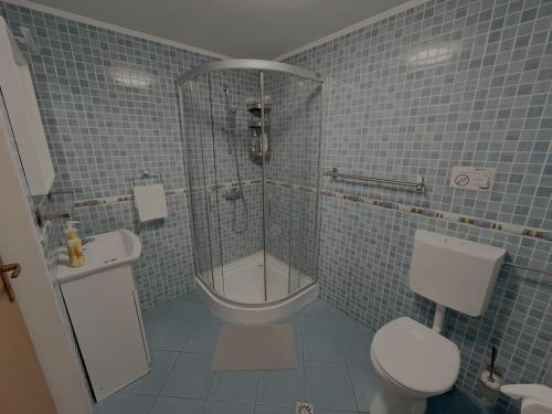 a blue tiled bathroom with a toilet and a shower at AmurguluiBnB 3-Bedroom Bucegi Mountains Retreat in Buşteni