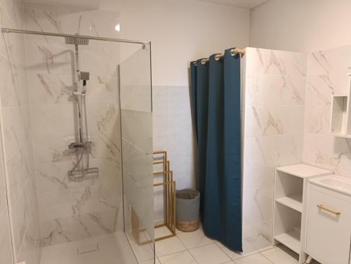 a bathroom with a shower with a blue shower curtain at Cozy apartment, WiFi, garage, quiet city center in Ribérac