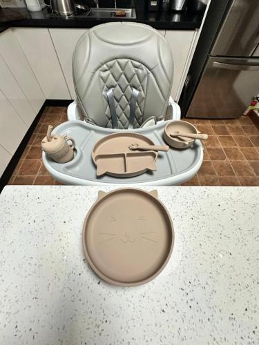 a baby car seat sitting on a plate in a kitchen at Rohrmoser Eucalipto Luxe Residence in San José